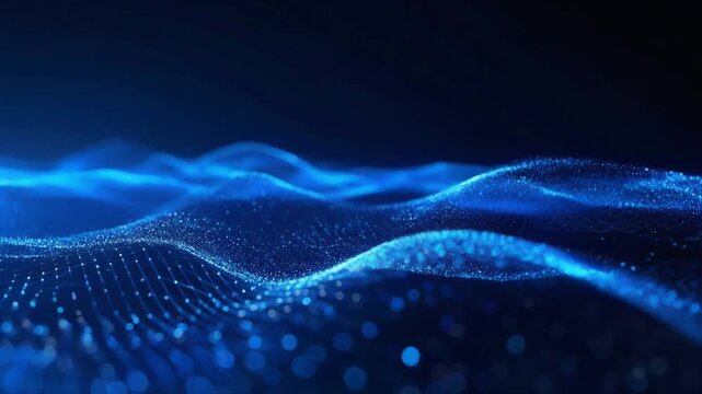 Dynamic abstract blue particle waves shimmering on a dark background, symbolizing advanced digital technology, data streams, and futuristic network connections - Powered by Adobe