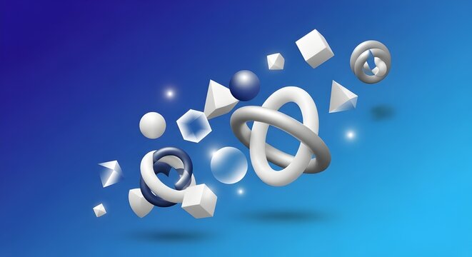 Abstract 3d geometric shapes floating on a blue gradient background