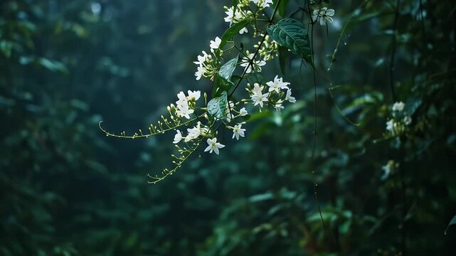 White flowers bloom on a vine, with a dark, lush forest in the background