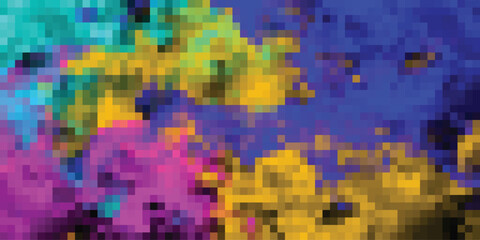 Vibrant Pixelated Abstract Background with Swirling Colors of Teal Blue Purple Yellow and Pink Creating a Dynamic and Energetic Visual Texture for Digital Design and Artistic Concepts