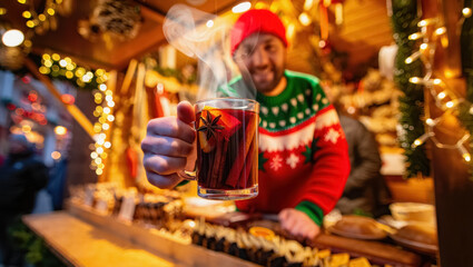 Obraz premium Smiling vendor in festive sweater offering a steaming glass of hot mulled wine with spices and orange slice at a cozy Christmas market decorated with warm holiday lights
