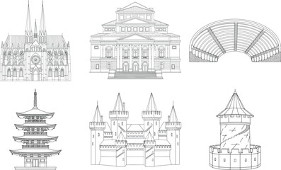 Compilation of architectural sketches showcasing various building types