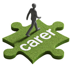 Gray figure walks on green puzzle piece with word carer isolated on a transparent background