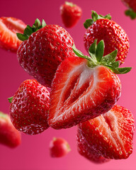 Strawberry falling into the air on a pink background, close-up