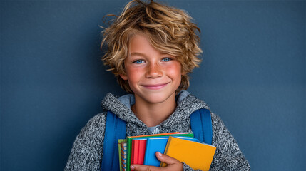 Portrait of a smiling schoolboy with books and backpack against blue background