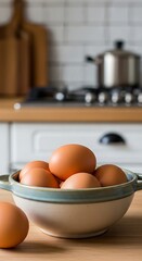 Fresh Brown Eggs in a Bowl on Kitchen Counter.