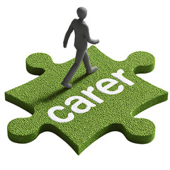 Gray figure walks on green puzzle piece with carer isolated on a transparent background