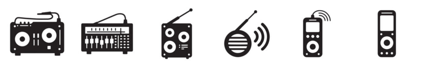 Minimalist radio icons set featuring antenna symbol and various designs. Collection of eight black and white vintage radio icons with antennas. Vector illustration