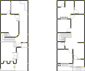 Vector set of two matching architectural floor plans (duplex units) with stairs, long narrow layout, and thick walls. CAD technical drawing.