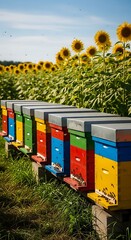 Colorful Beehives in a Sunflower Field - A Vibrant Apiary Scene.