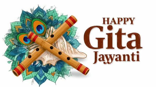 Illustration of happy gita jayanti greeting with flute, conch, and peacock feather