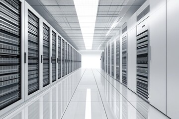 Obraz premium Bright modern data center corridor with white walls and metal server racks, ideal for IT infrastructure, cloud computing, cybersecurity, networking, and technology concept visuals