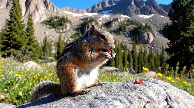 Golden mantled squirrel contentedly munches on juicy berries against majestic mountain backdrop, capturing the serene concept of finding sustenance in natures grandeur, perfect for peaceful.