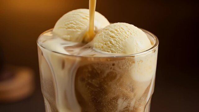 Close-up shot of ice cream soda with vanilla scoops and dark syrup pouring