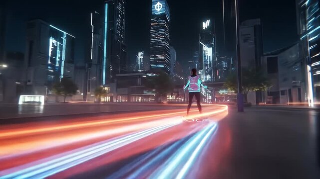 Person on hoverboard travels down a city street at night with glowing streaks