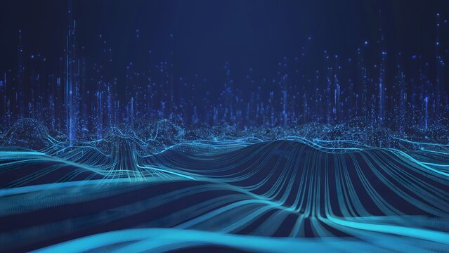 Modern technology background with blue glowing lines and particles creating dynamic digital landscape, perfect for high tech presentations and futuristic designs