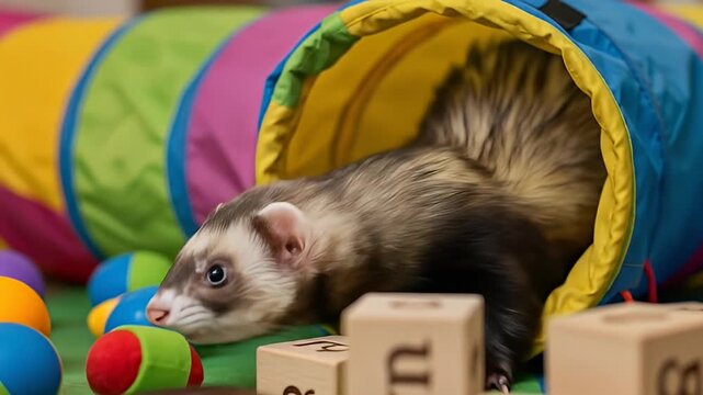 Ferret peers out from colorful tunnel surrounded by wooden blocks and other colorful toys
