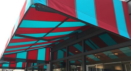 Striped Awning Over Storefront - Red and Blue Design.