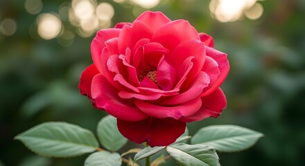 Closeup of a vibrant red rose in full bloom with green leaves around it