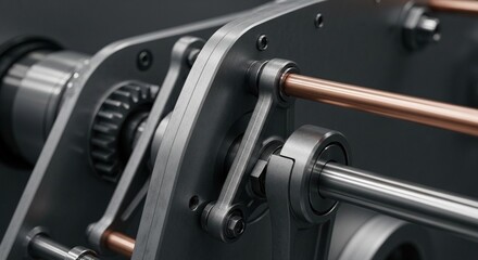 Close up of a complex mechanical assembly with gears and rods