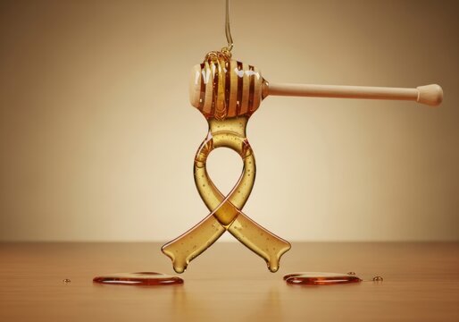 Golden honey dripping from a wooden dipper, forming a ribbon shape, symbolizing sweetness, health, and awareness