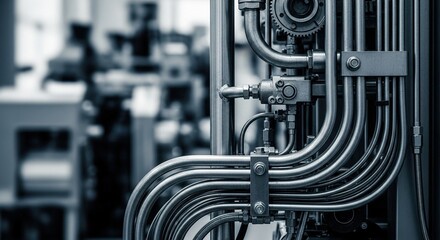 Close up of industrial pipes and valves in a factory setting view