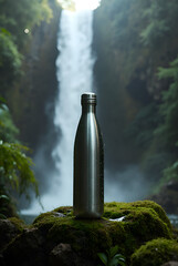 Reusable metal water bottle on mossy rock with majestic waterfall in lush green forest clean fresh hydration sustainable living nature's beauty eco-friendly adventure.
