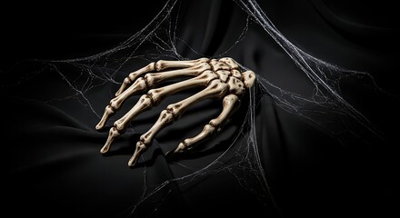 Macabre still life of a bony skeleton hand entangled in creepy spiderwebs on a black draped cloth, a spooky concept for Halloween horror