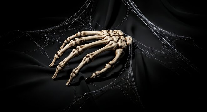 Macabre still life of a bony skeleton hand entangled in creepy spiderwebs on a black draped cloth, a spooky concept for Halloween horror