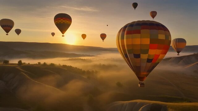 Aerial cinematic footage of colorful hot air balloons floating over a scenic sunrise valley, peaceful, dreamy travel freedom atmosphere.