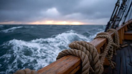 Obraz premium Stormy seas and dramatic clouds viewed from the deck of a sailing ship at dawn with a thick rope in the foreground