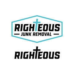 Two logos for Righteous Junk Removal, featuring a bold black font with a light blue cross replacing the 'T' in 'Righteous'.