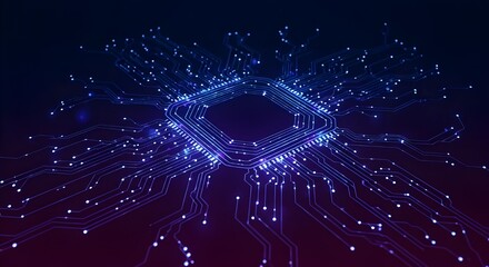 Abstract futuristic circuit board design with glowing blue lights and connections