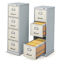 set of metal and wooden filling cabinets with document