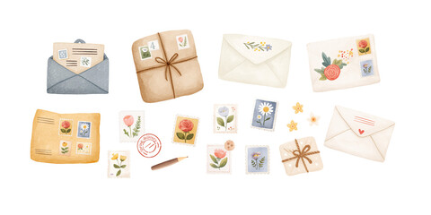 Watercolour illustration of a set of postal objects in spring theme. Post marks with flowers, old parcel