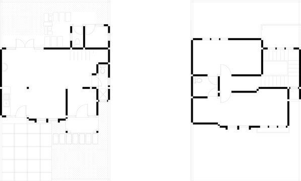 Minimalist vector set of two architectural floor plan outlines. Simplified layout drawing with thick walls and room divisions.
