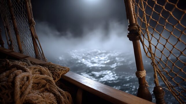 View from a ship s deck at night during a storm with rough seas mist and moonlight illuminating the water - Powered by Adobe