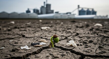 Sprout growing from cracked earth with industrial buildings behind it