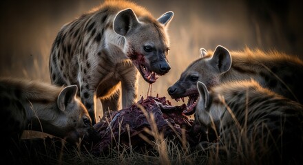 Group of Spotted Hyenas Fighting Over Carcass in the Wild &ndash; African Safari Predator Behavior
