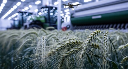Drone flying over wheat field with tractor in background indoors