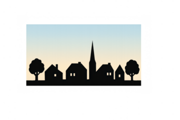 Village skyline silhouette featuring houses, trees, and a church spire against a soft gradient sky background