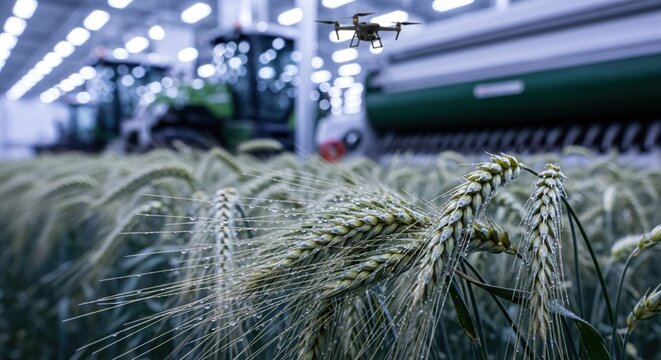 Drone flying over wheat field with tractor in background indoors - Powered by Adobe