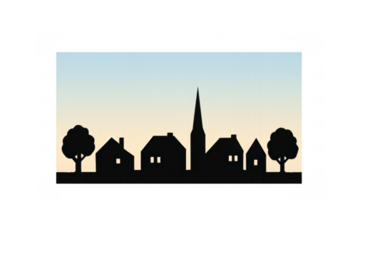 Village skyline silhouette featuring houses, trees, and a church spire against a soft gradient sky background