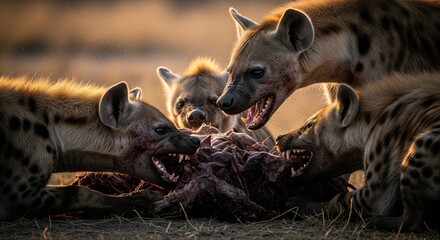 Wild Hyenas Feeding on Prey at Sunset in African Savannah &ndash; Wildlife Predator Scene