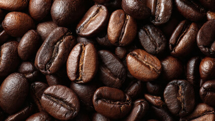 Fototapeta premium A rich and aromatic close-up, top-down view of roasted coffee beans, showcasing their varied textures and deep brown hues, ready for brewing a fresh, invigorating beverage