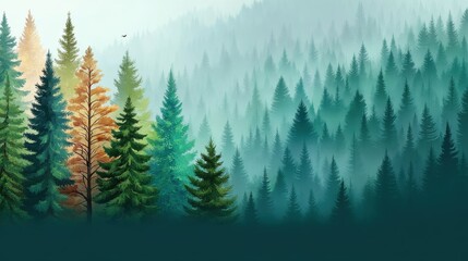 Fototapeta premium Misty Forest: Abstract Evergreen Trees in Shades of Green