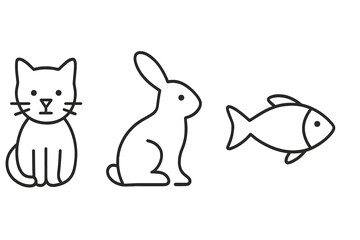 Cute cartoon animals including a cat, rabbit, and fish in simple line art for children's illustrations
