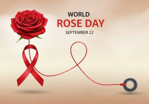 World rose day, september 22nd a single red rose with a red ribbon and a small ring, symbolizing support and awareness - Powered by Adobe