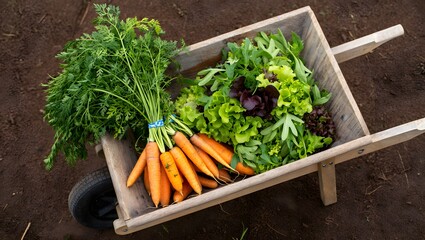 Freshly harvested carrots and leafy greens in a wooden wheelbarrow