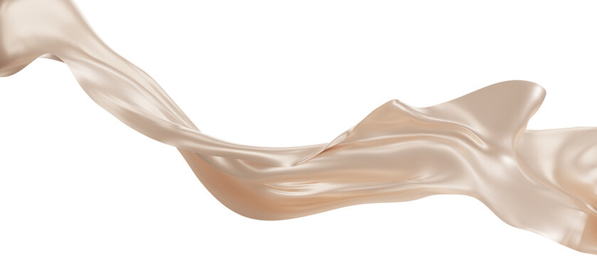 Flying beige silk textile fabric flag background. Smooth elegant beige Satin Isolated on white Background for grand opening ceremony. Flying cream silk vertical image. 3d png illustration